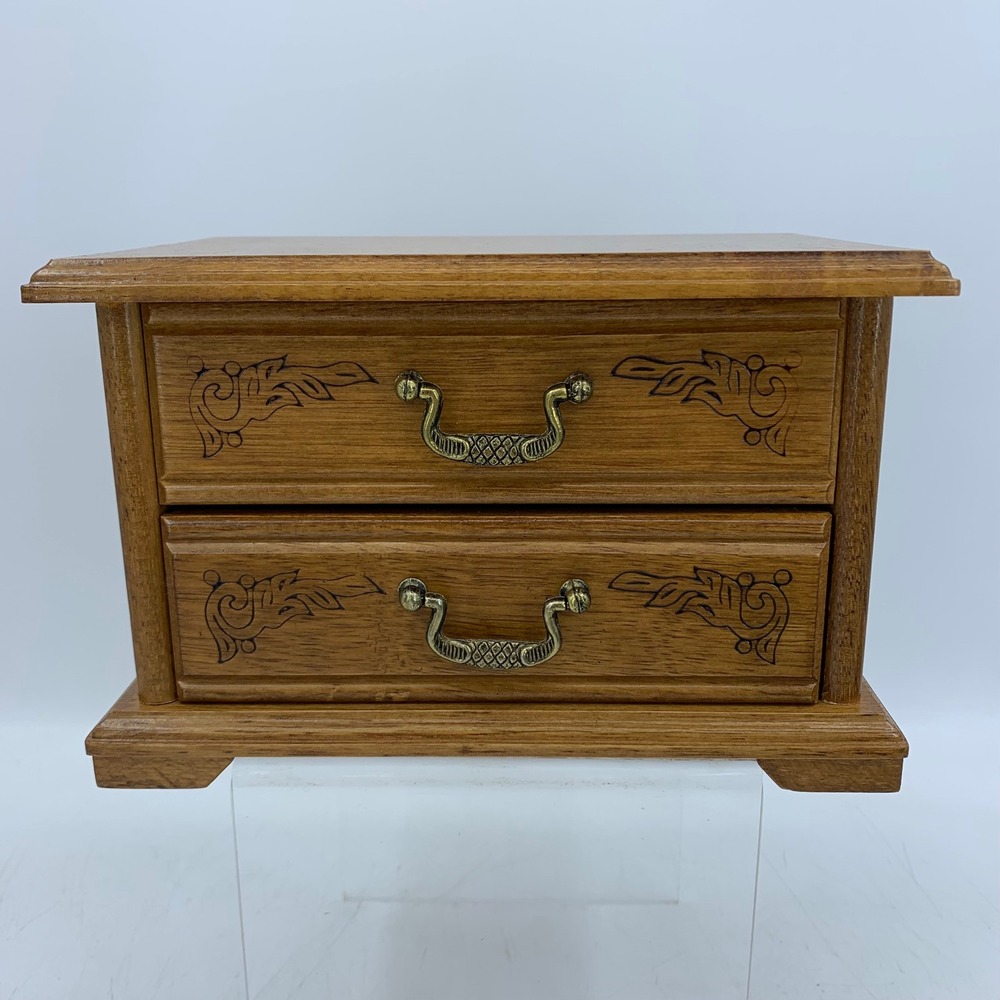 Vintage Wooden Jewelry Box 2 Drawers Mirror Cottagecore Rustic Etched Trinket